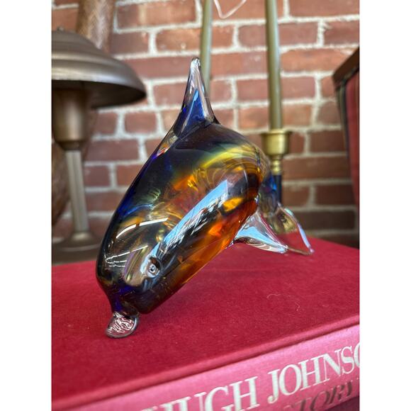 Murano Style Art Glass Dolphin Figurine in Amber and Blue, 7.25” - Picture 3 of 6